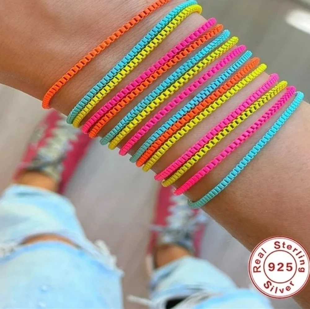 NEW Pink Enamel Plated 925 Silver Adjustable Box Chain Bracelet‎